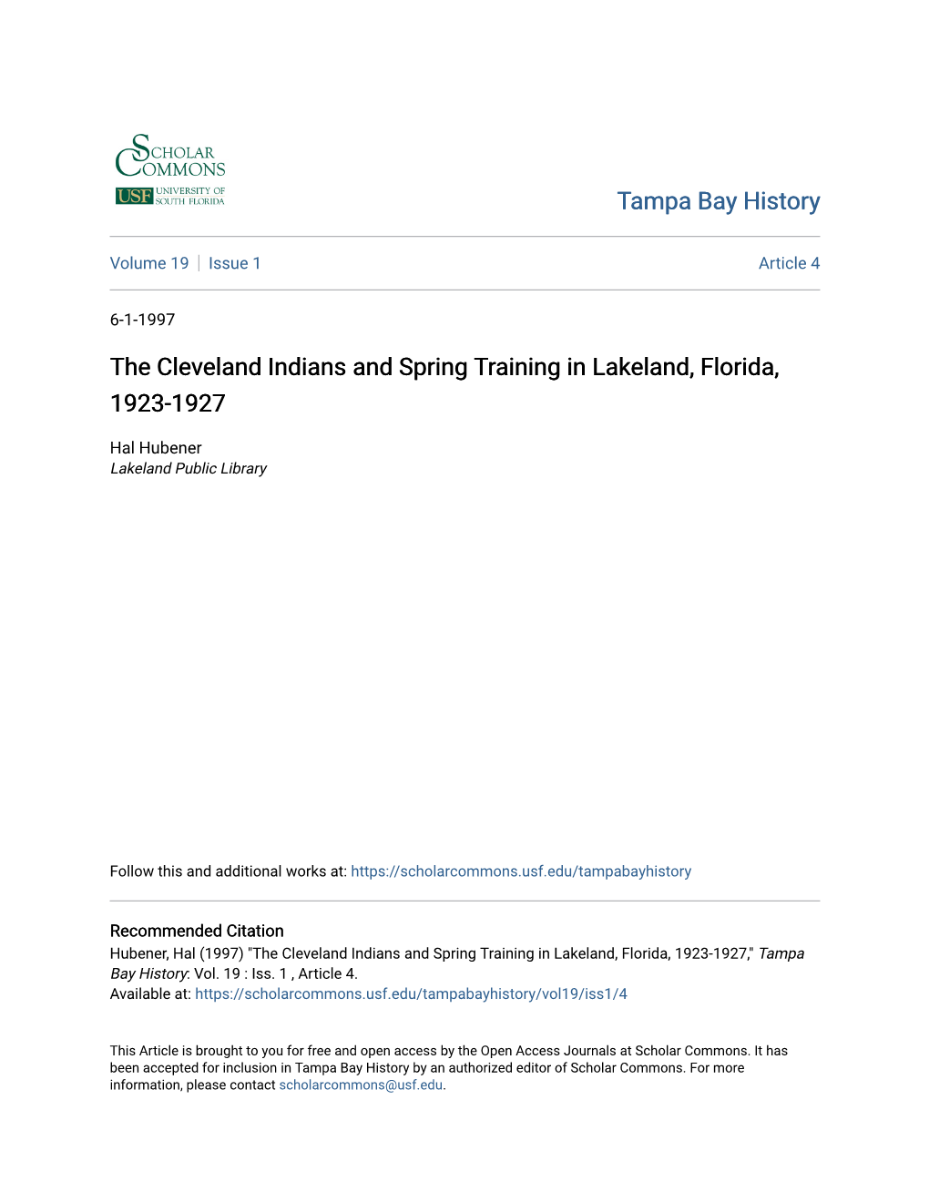 The Cleveland Indians and Spring Training in Lakeland, Florida, 1923-1927