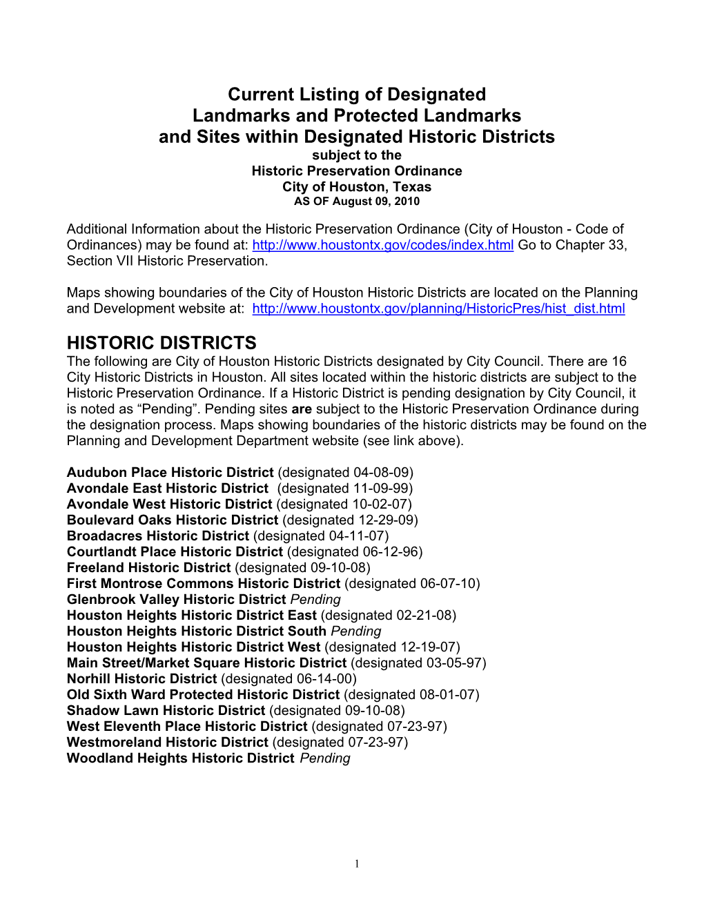 Current Listing of Designated Landmarks and Protected Landmarks and Sites Within Designated Historic Districts HISTORIC DISTRI