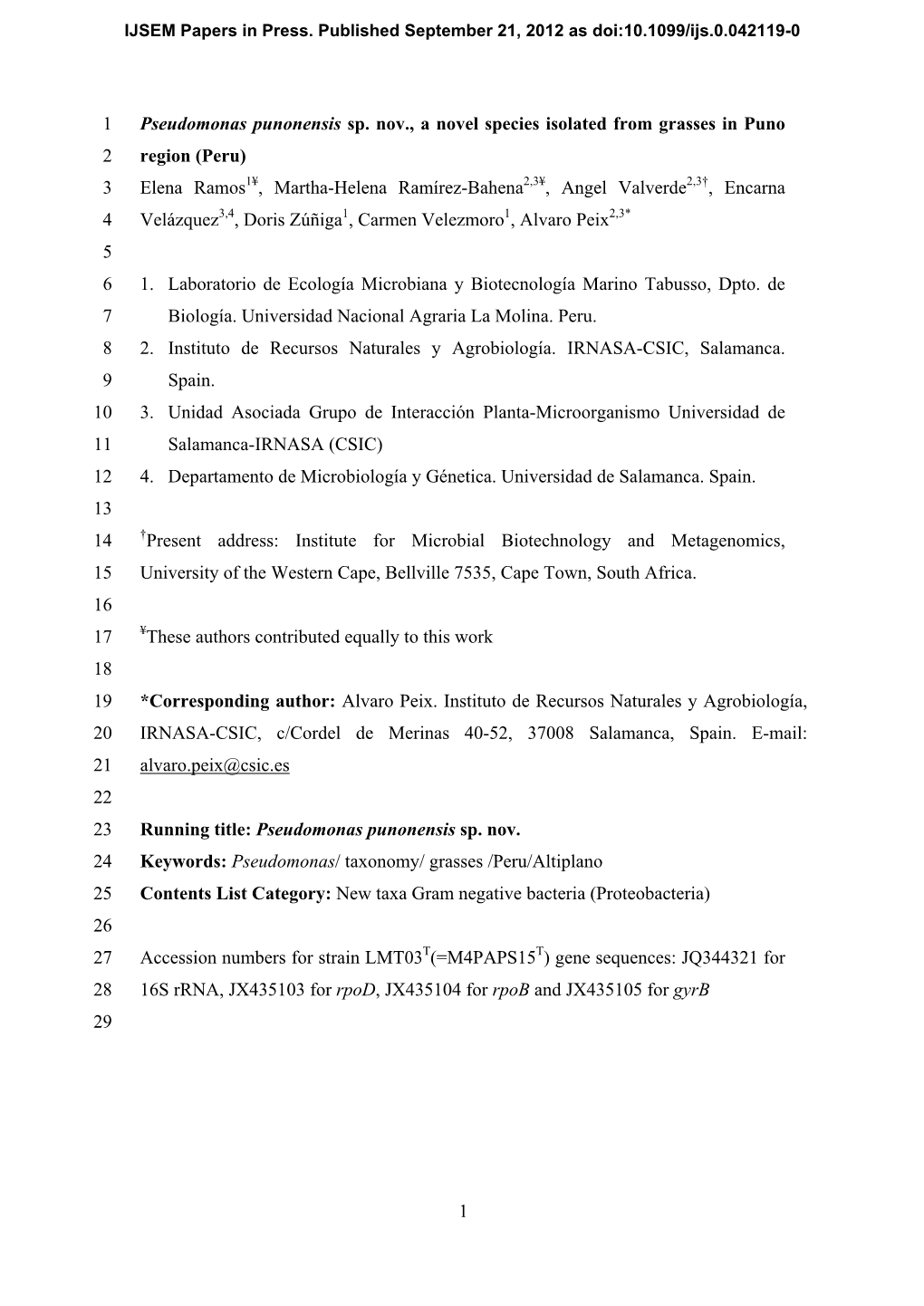 1 Pseudomonas Punonensis Sp. Nov., a Novel Species Isolated from Grasses in Puno 1 Region (Peru) 2 Elena Ramos , Martha-Helena R