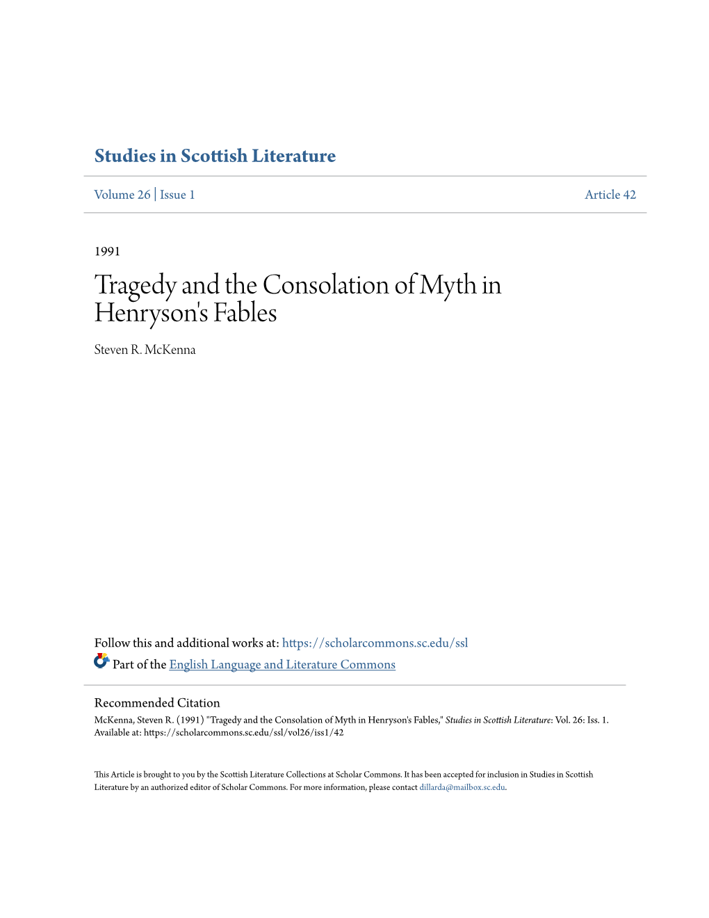 Tragedy and the Consolation of Myth in Henryson's Fables Steven R