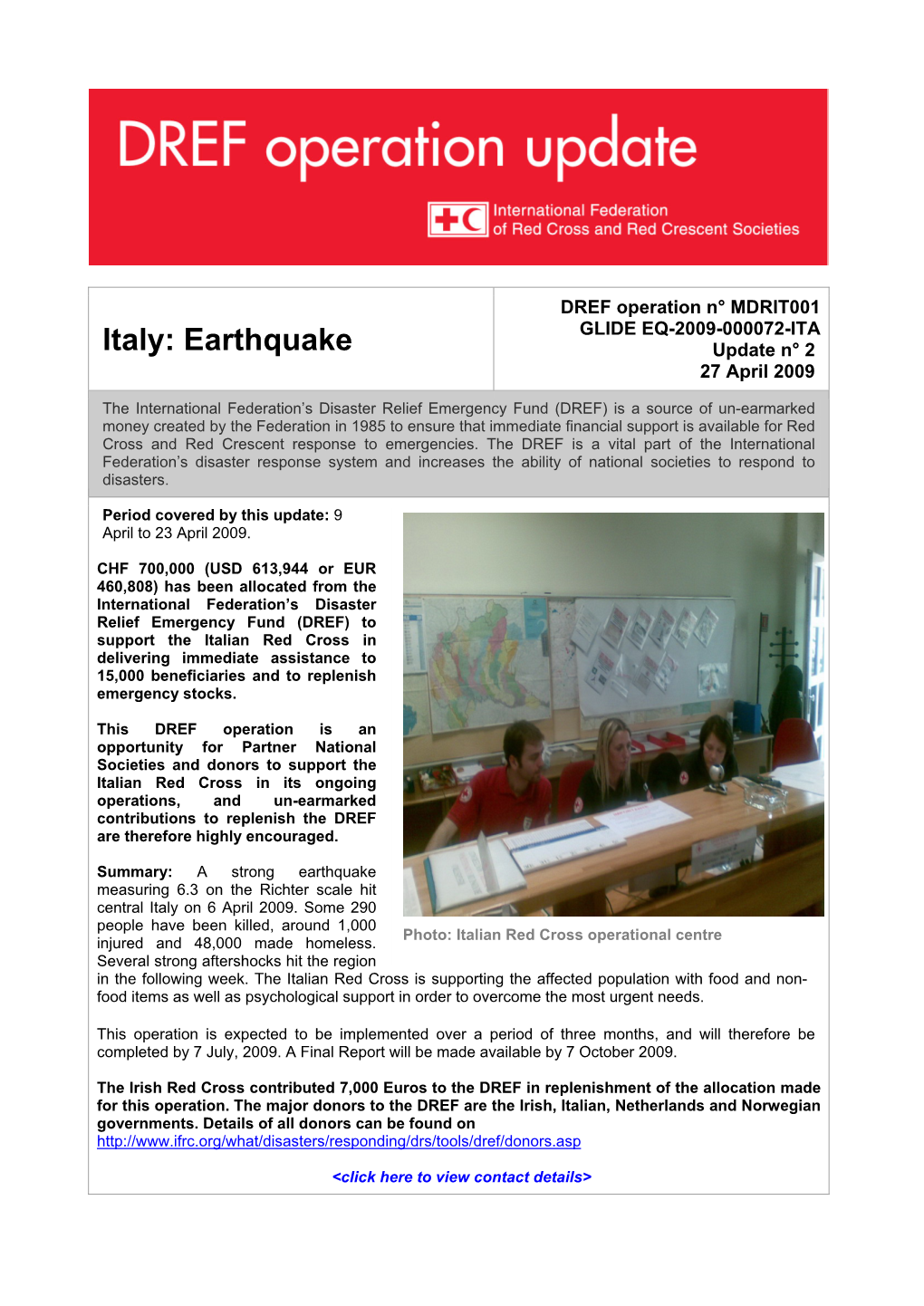 Italy: Earthquake Update N° 2 27 April 2009