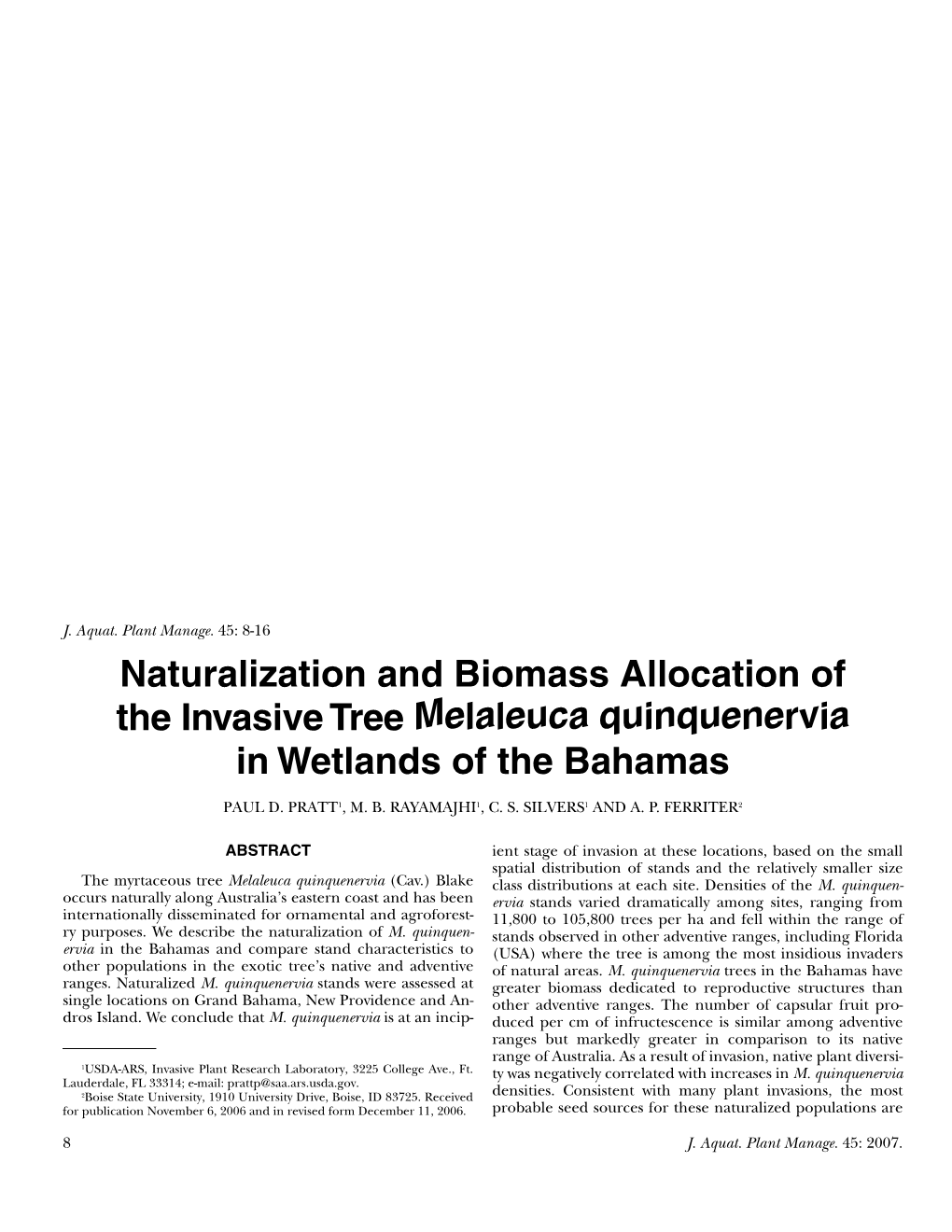 Naturalization and Biomass Allocation of the Invasive Tree Melaleuca Quinquenervia in Wetlands of the Bahamas