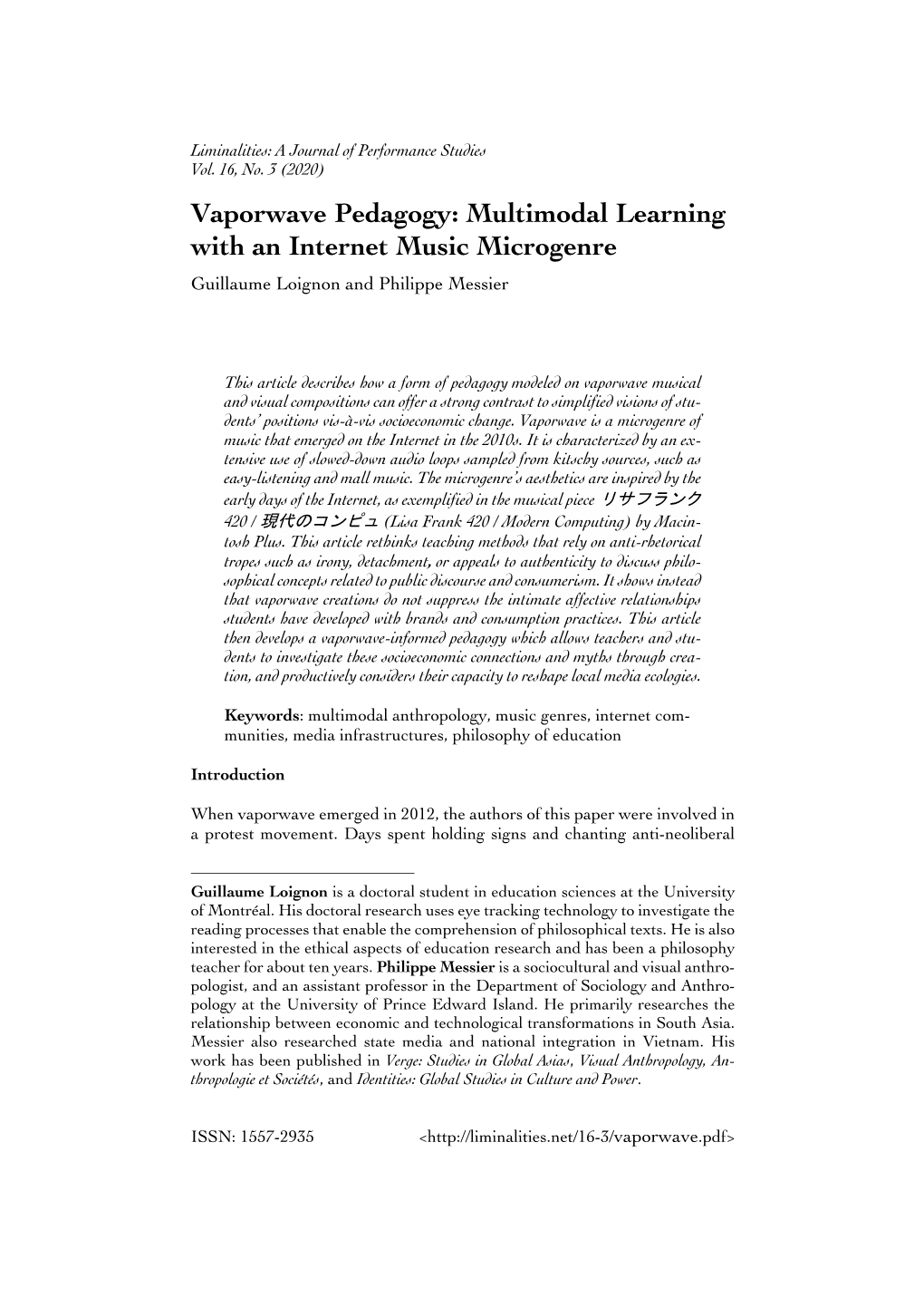 Vaporwave Pedagogy: Multimodal Learning with an Internet Music Microgenre Guillaume Loignon and Philippe Messier