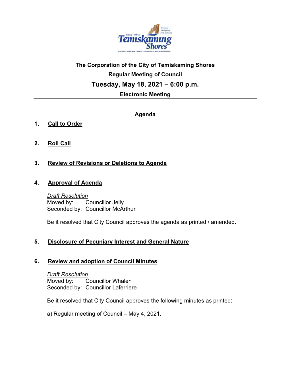 Tuesday, May 18, 2021 – 6:00 P.M. Electronic Meeting