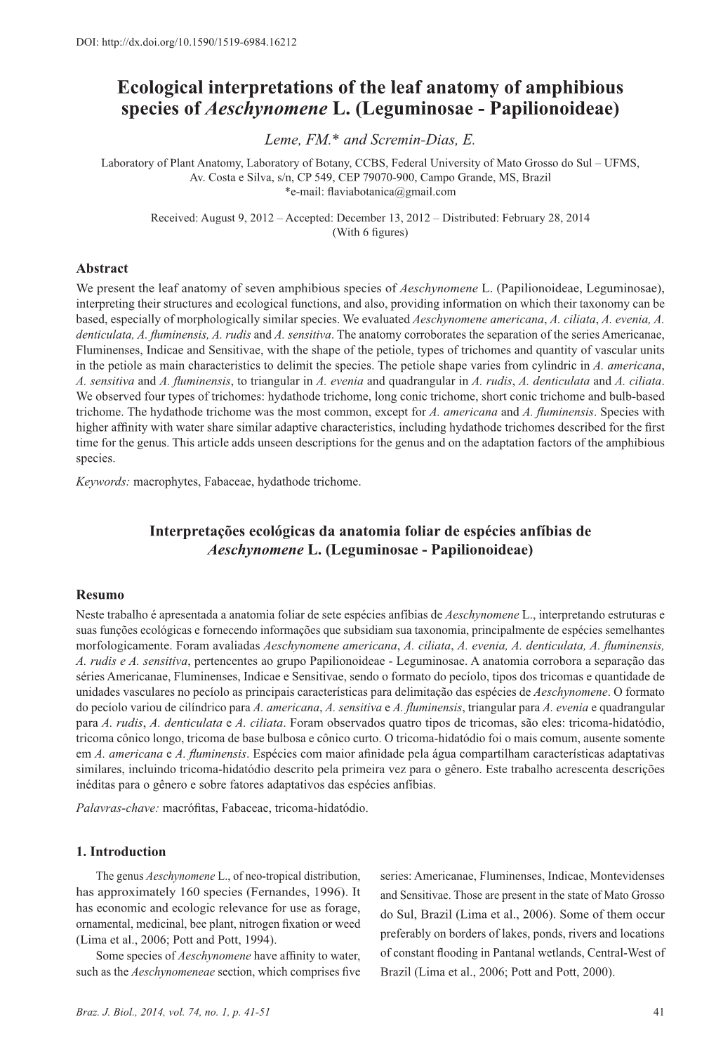 Ecological Interpretations of the Leaf Anatomy of Amphibious Species of Aeschynomene L