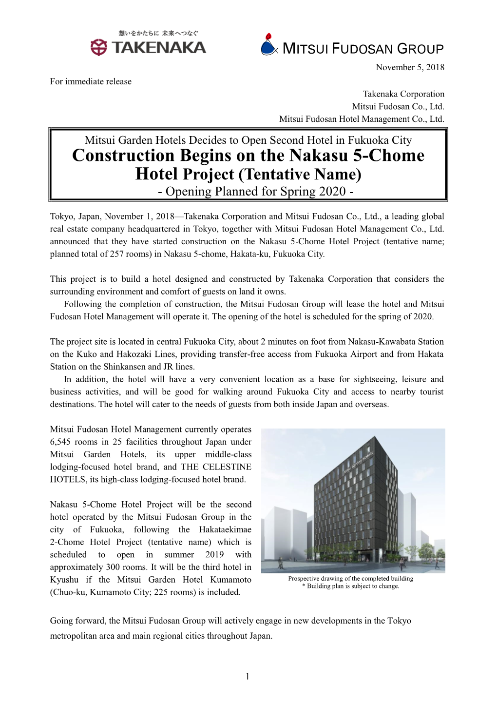 Construction Begins on the Nakasu 5-Chome Hotel Project (Tentative Name) - Opening Planned for Spring 2020
