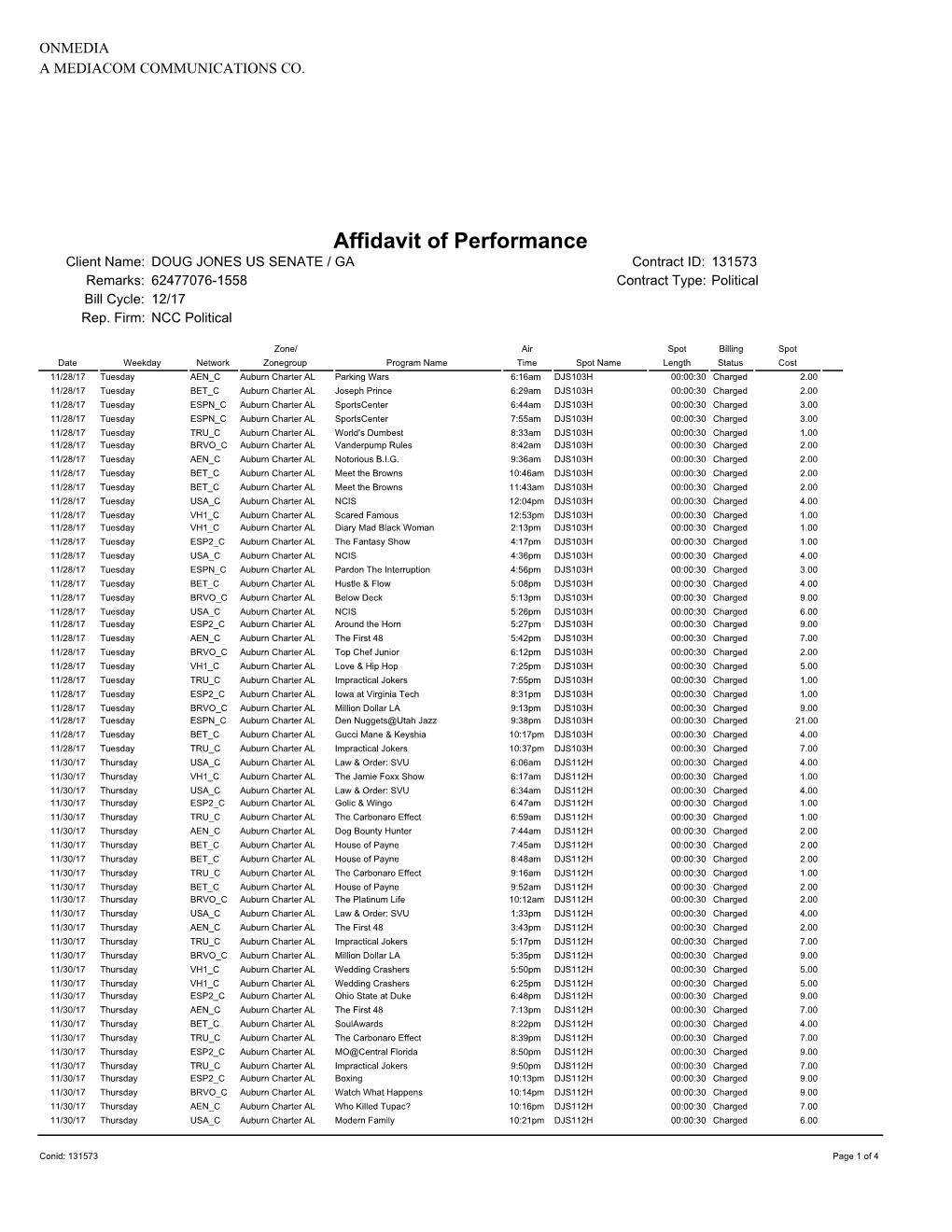 Affidavit of Performance Client Name: DOUG JONES US SENATE / GA Contract ID: 131573 Remarks: 62477076-1558 Contract Type: Political Bill Cycle: 12/17 Rep