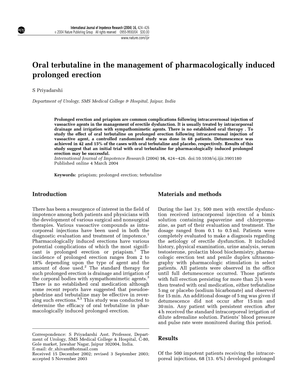 Oral Terbutaline in the Management of Pharmacologically Induced Prolonged Erection