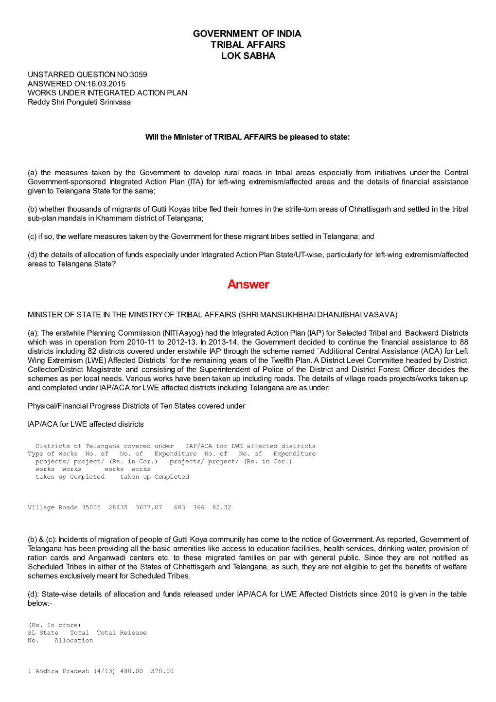 ANSWERED ON:16.03.2015 WORKS UNDER INTEGRATED ACTION PLAN Reddy Shri Ponguleti Srinivasa