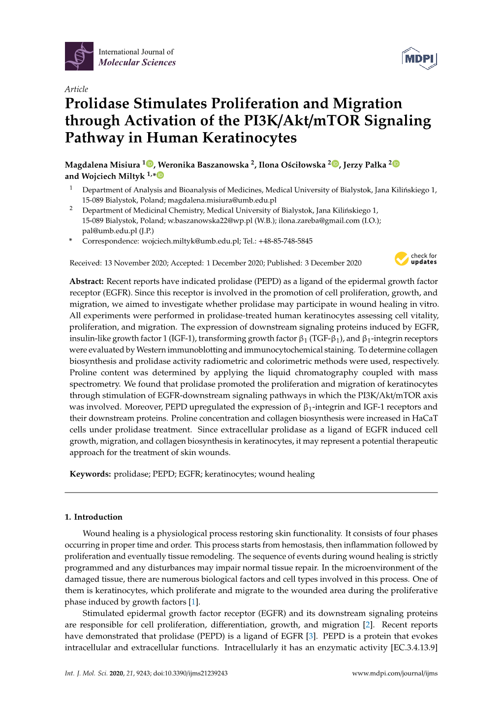 Prolidase Stimulates Proliferation and Migration Through Activation of the PI3K/Akt/Mtor Signaling Pathway in Human Keratinocytes
