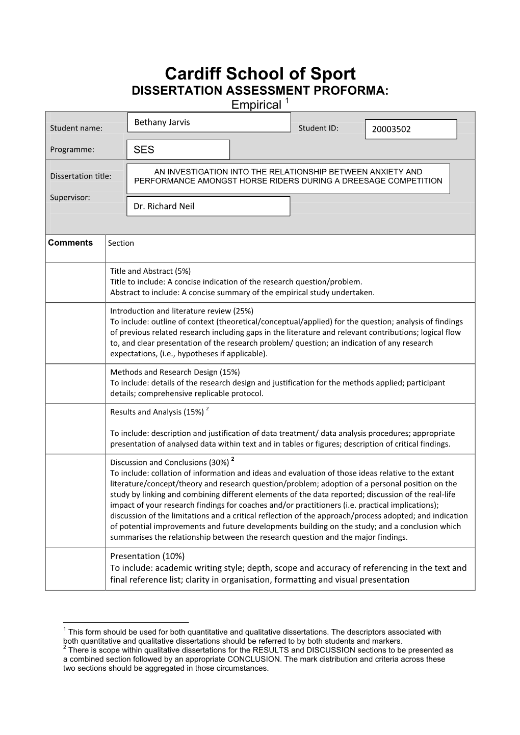 Cardiff School of Sport DISSERTATION ASSESSMENT PROFORMA: Empirical 1 Bethany Jarvis Student Name: Student ID: 20003502