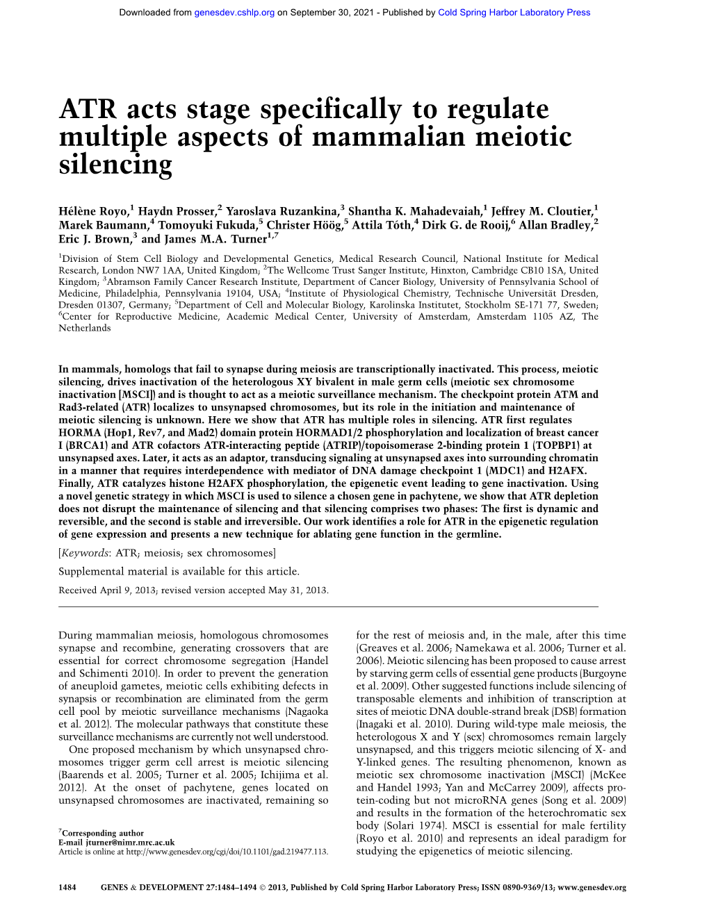 ATR Acts Stage Specifically to Regulate Multiple Aspects of Mammalian Meiotic Silencing