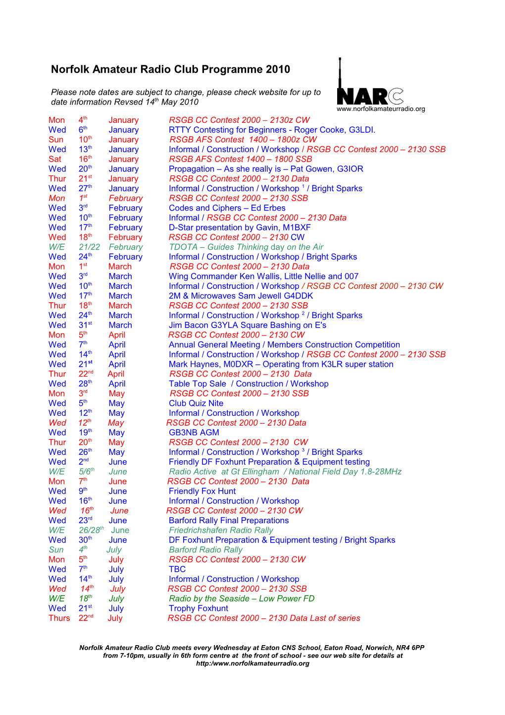 Norfolk Amateur Radio Club Programme 2010