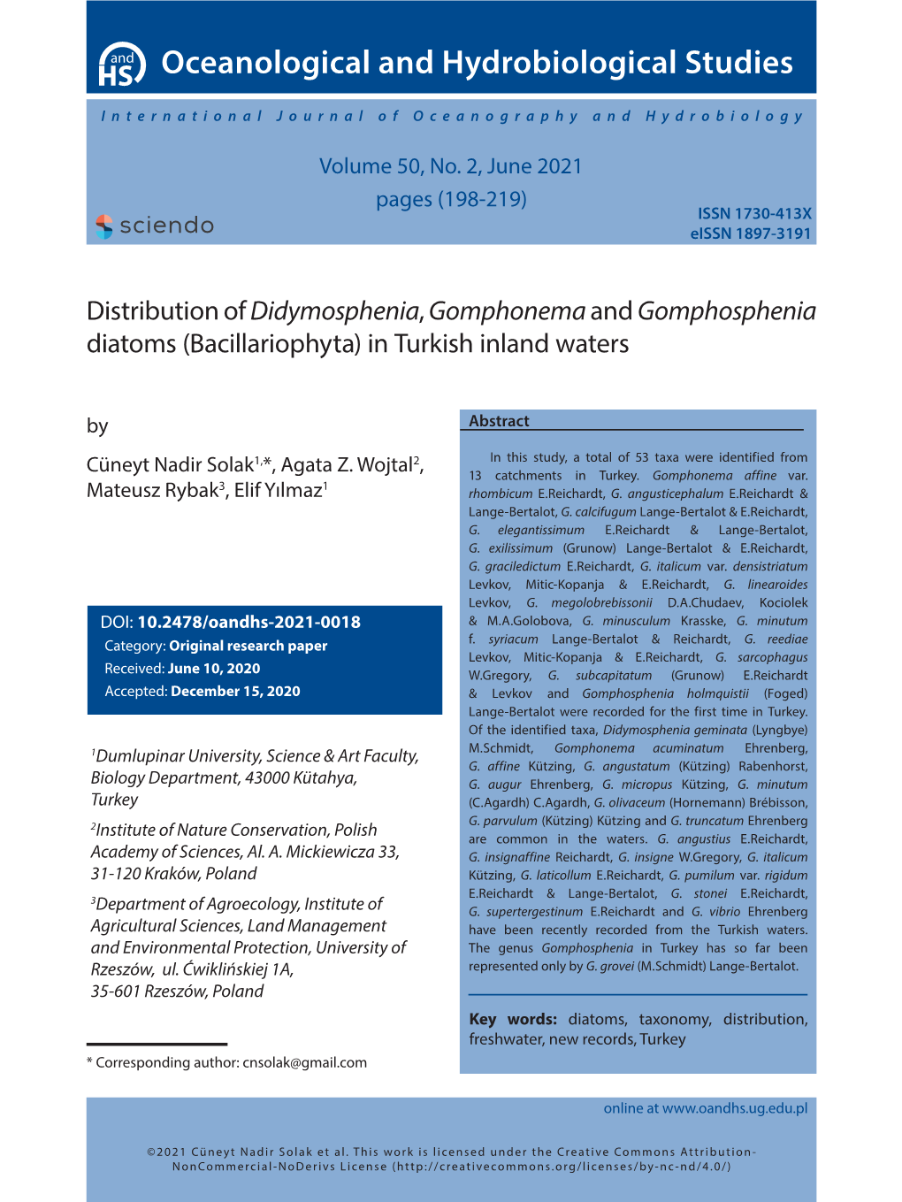 Oceanological and Hydrobiological Studies