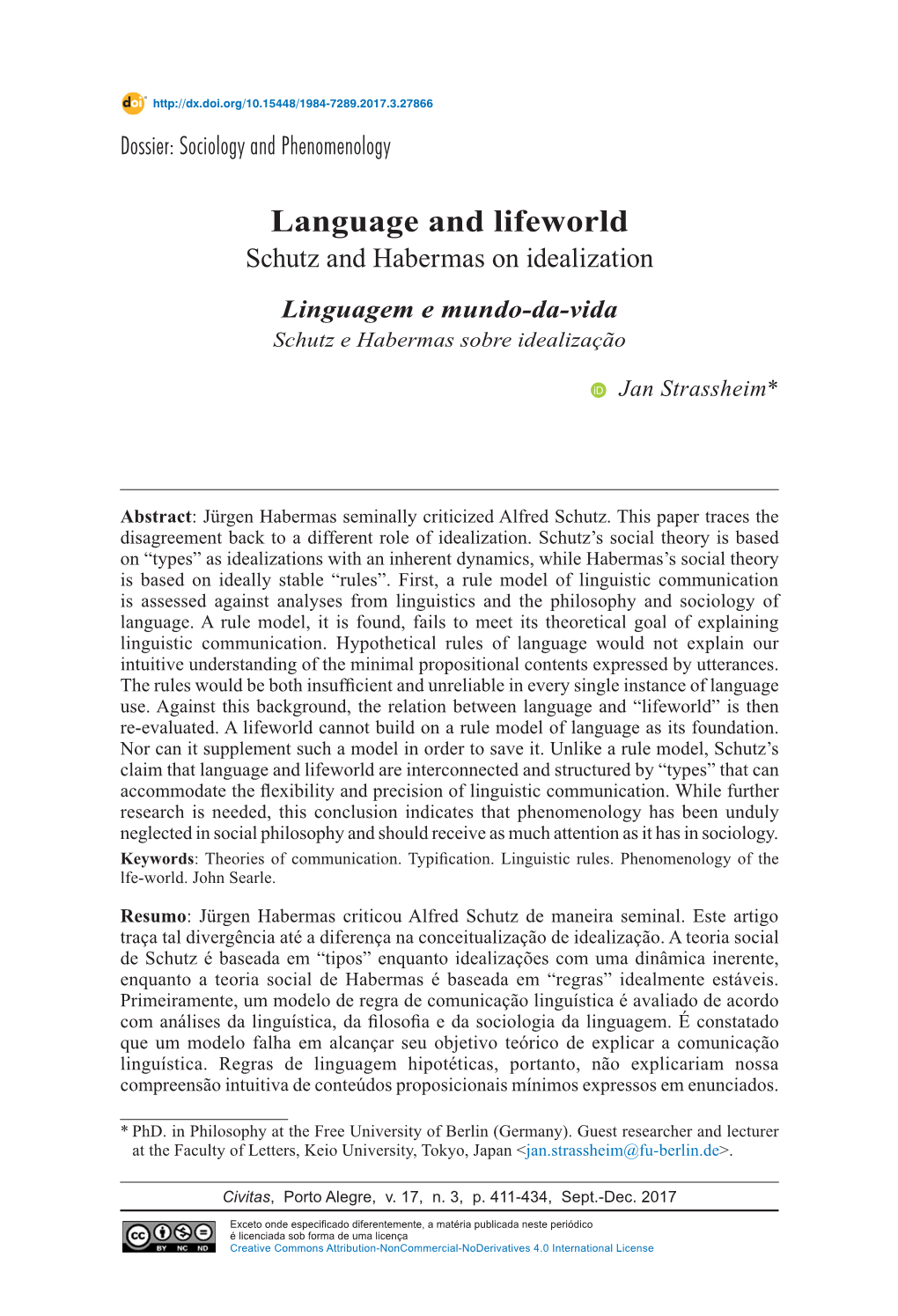 Language and Lifeworld Schutz and Habermas on Idealization Linguagem E Mundo-Da-Vida Schutz E Habermas Sobre Idealização