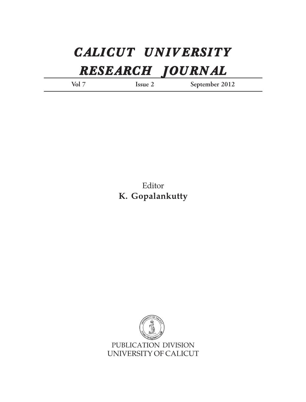 CALICUT UNIVERSITY RESEARCH JOURNAL Vol 7 Issue 2 September 2012