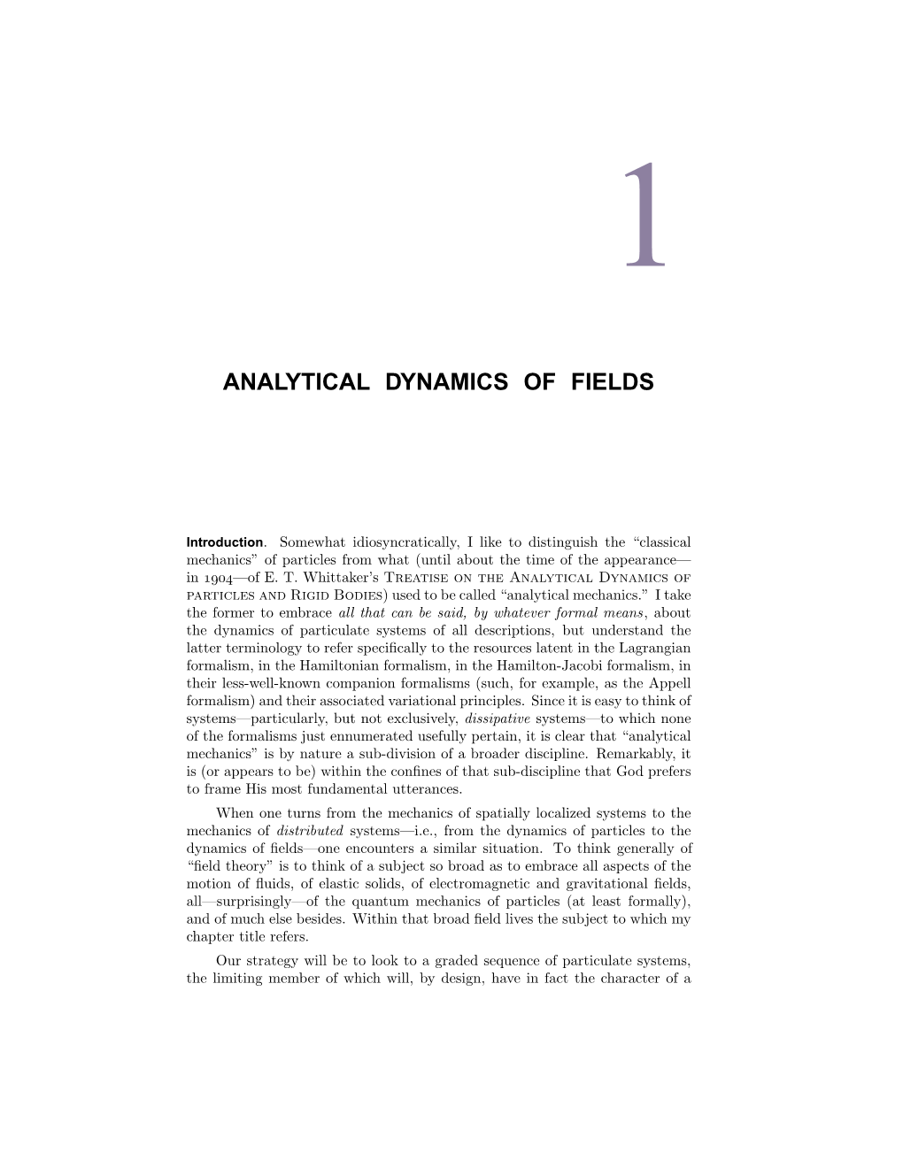Analytical Dynamics of Fields