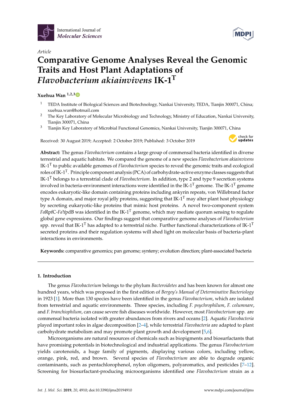 Comparative Genome Analyses Reveal the Genomic Traits and Host Plant Adaptations of Flavobacterium Akiainvivens IK-1T