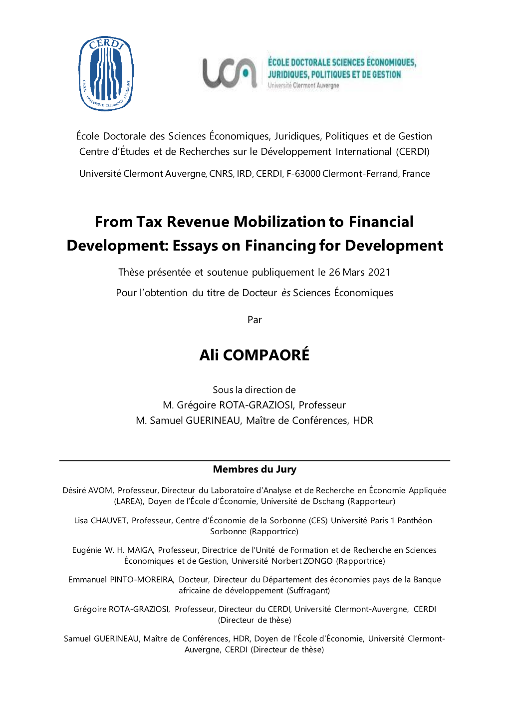 From Tax Revenue Mobilization to Financial Development: Essays on Financing for Development