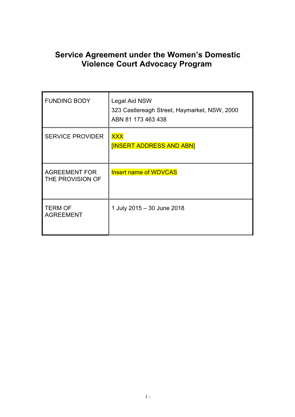 Service Agreement Under the Women S Domestic Violence Court Advocacy Program