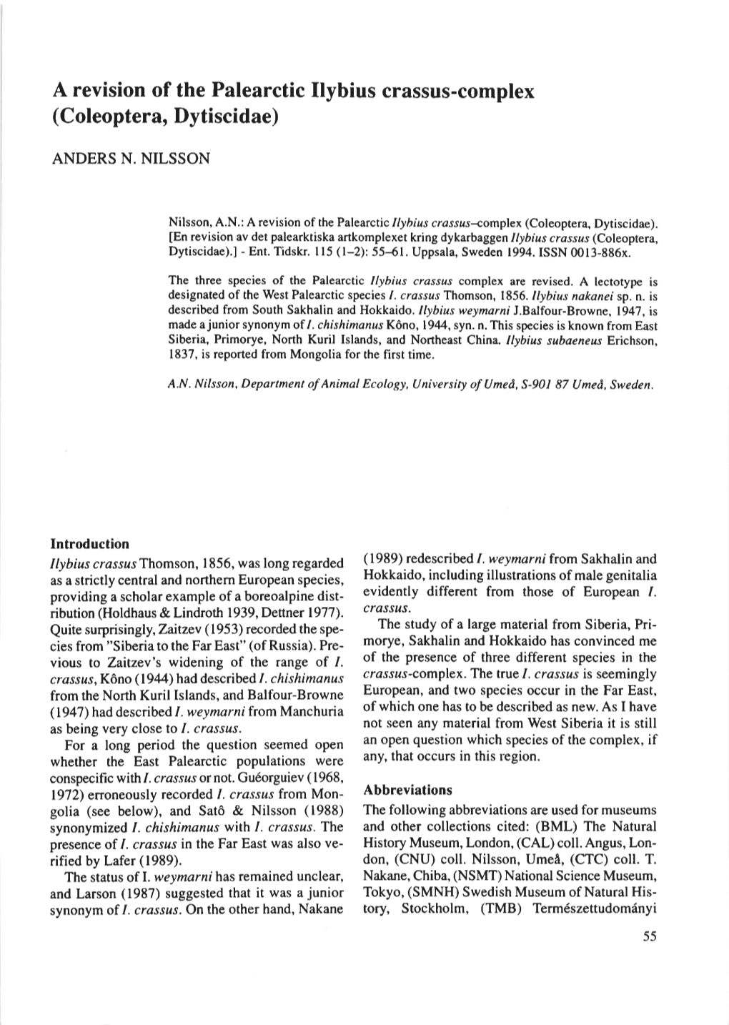 A Revision of the Palearctic Ilybius Crassus-Complex (Coleoptera, Dytiscidae)