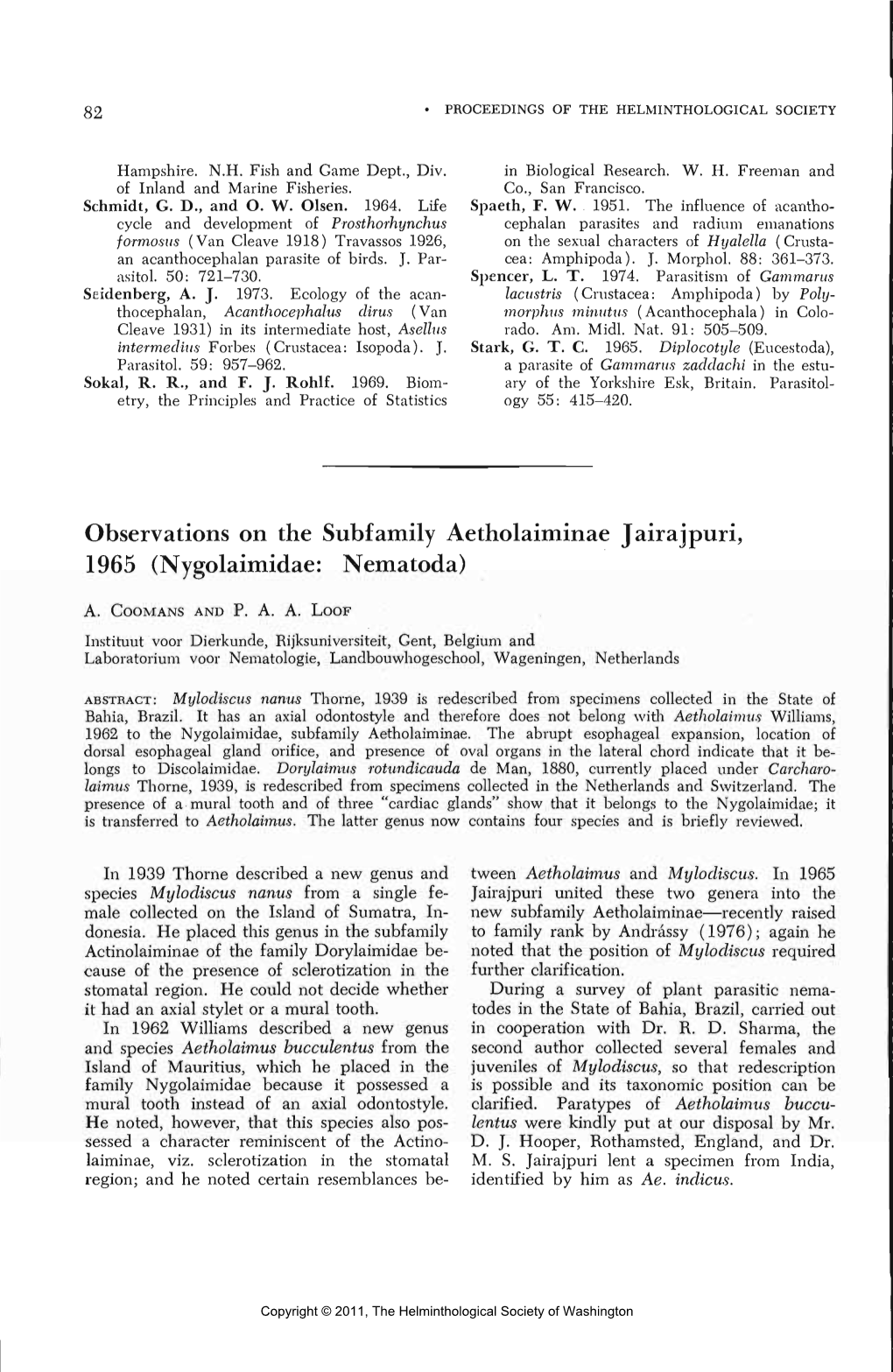 Observations on the Subfamily Aetholaiminae Jairajpuri, 1965 (Nygolaimidae: Nematoda)