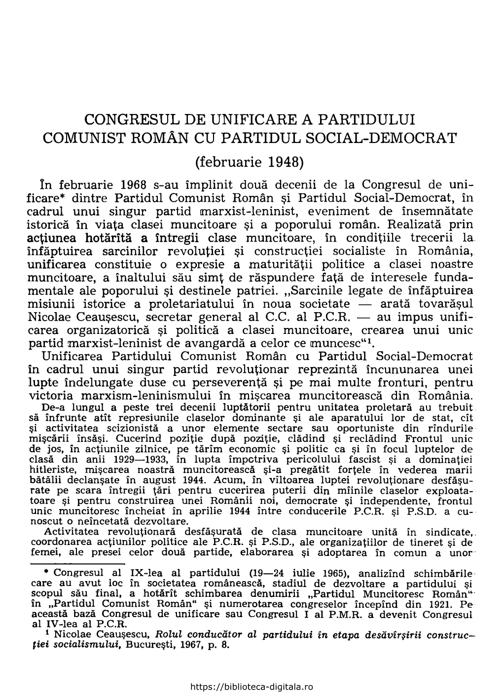 CONGRESUL DE UNIFICARE a PARTIDULUI COMUNIST ROMAN CU PARTIDUL SOCIAL-DEMOCRAT (Februarie 1948)