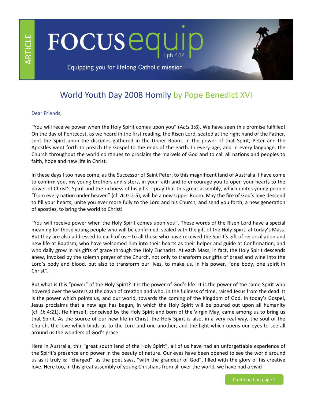 World Youth Day 2008 Homily by Pope Benedict XVI ARTICLE