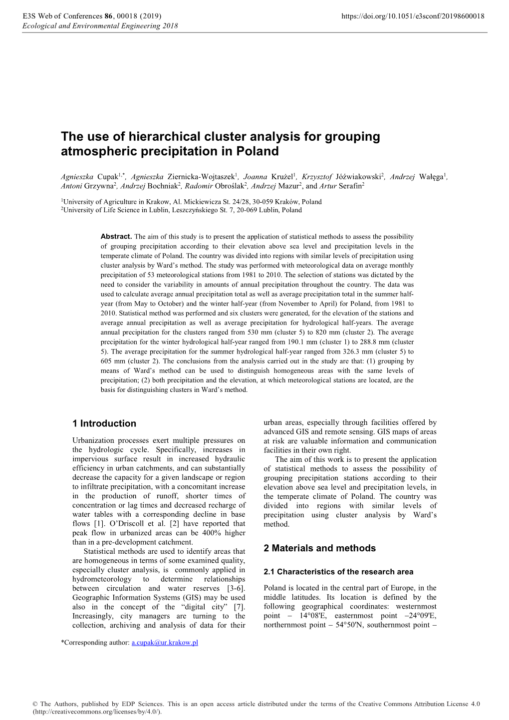 The Use of Hierarchical Cluster Analysis for Grouping Atmospheric Precipitation in Poland