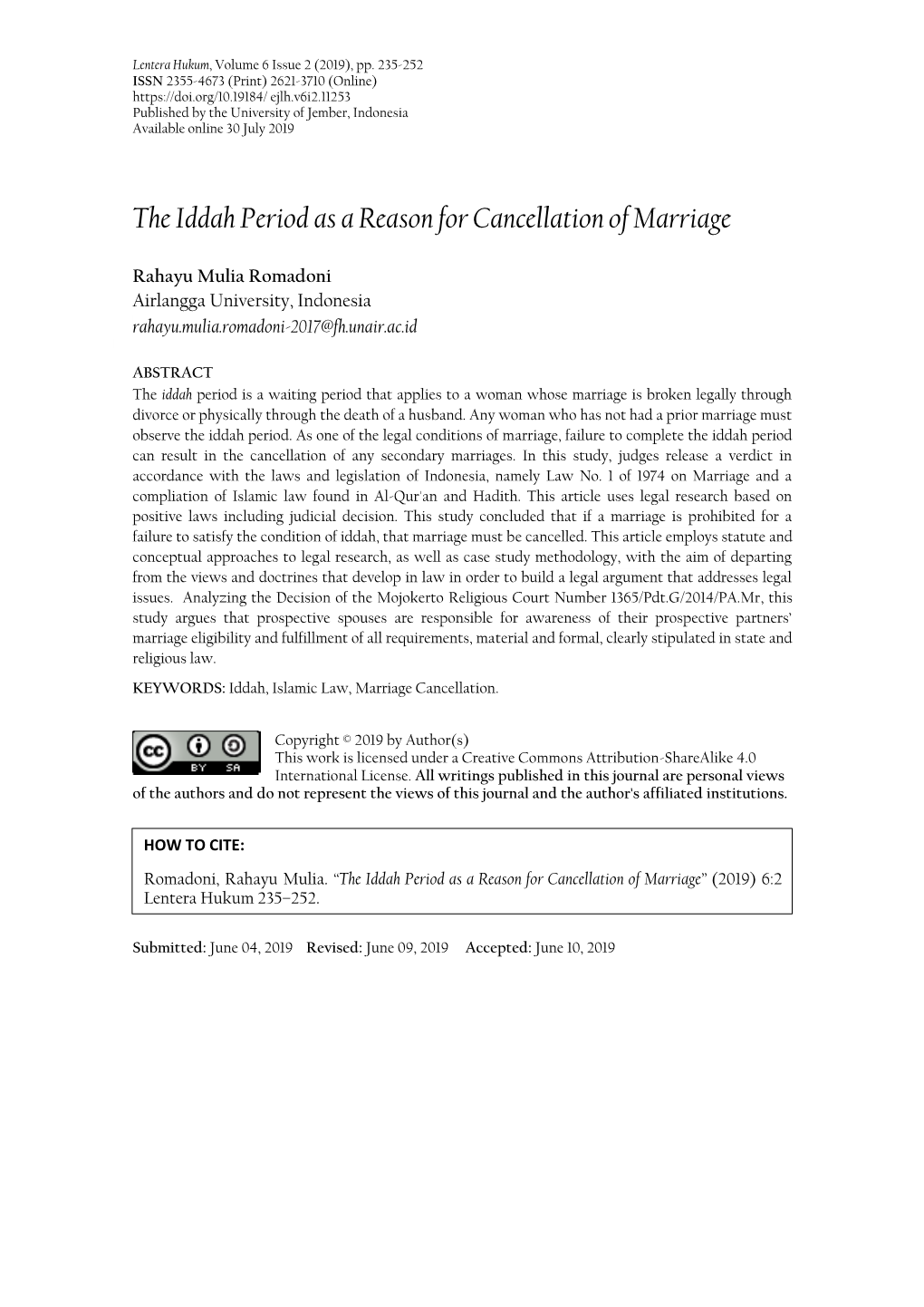 The Iddah Period As a Reason for Cancellation of Marriage