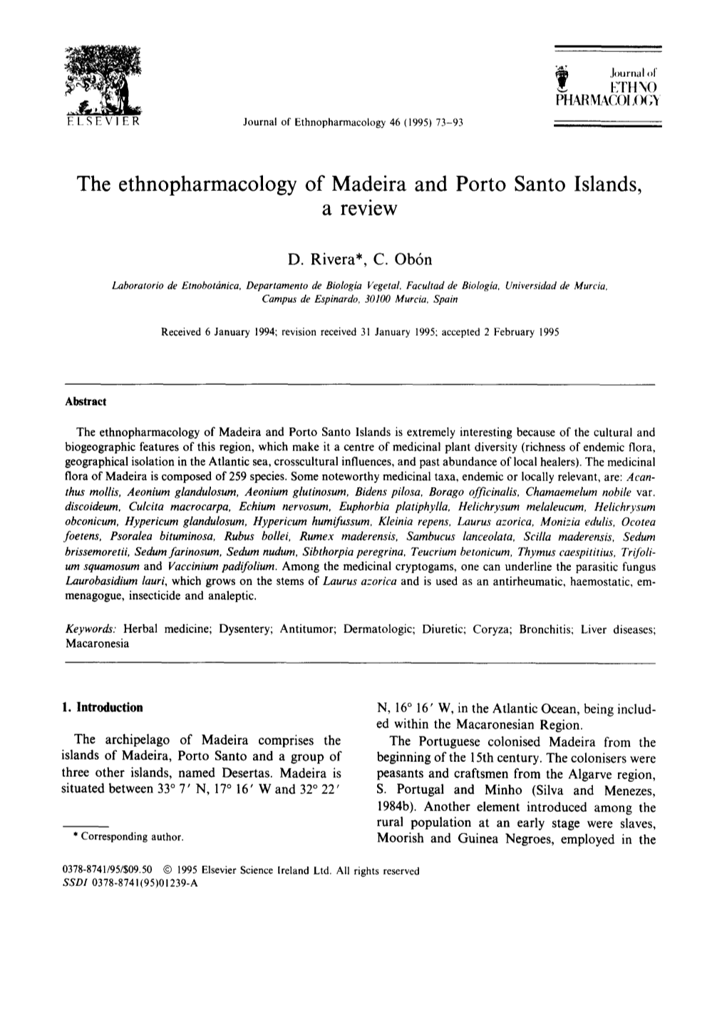 The Ethnopharmacology of Madeira and Porto Santo Islands, a Review