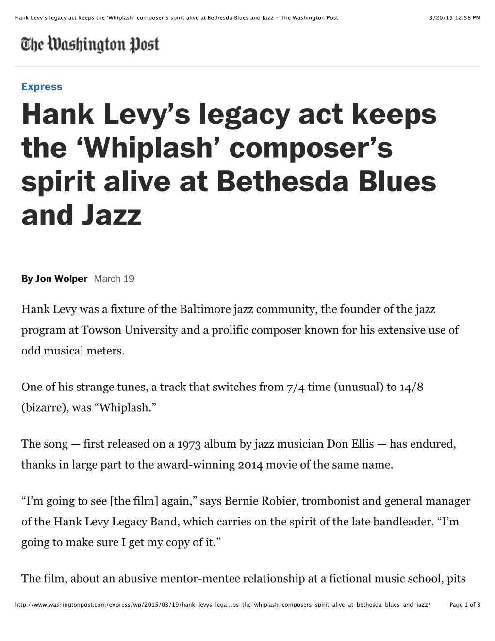 Hank Levy's Legacy Act Keeps the 'Whiplash' Composer's Spirit Alive At