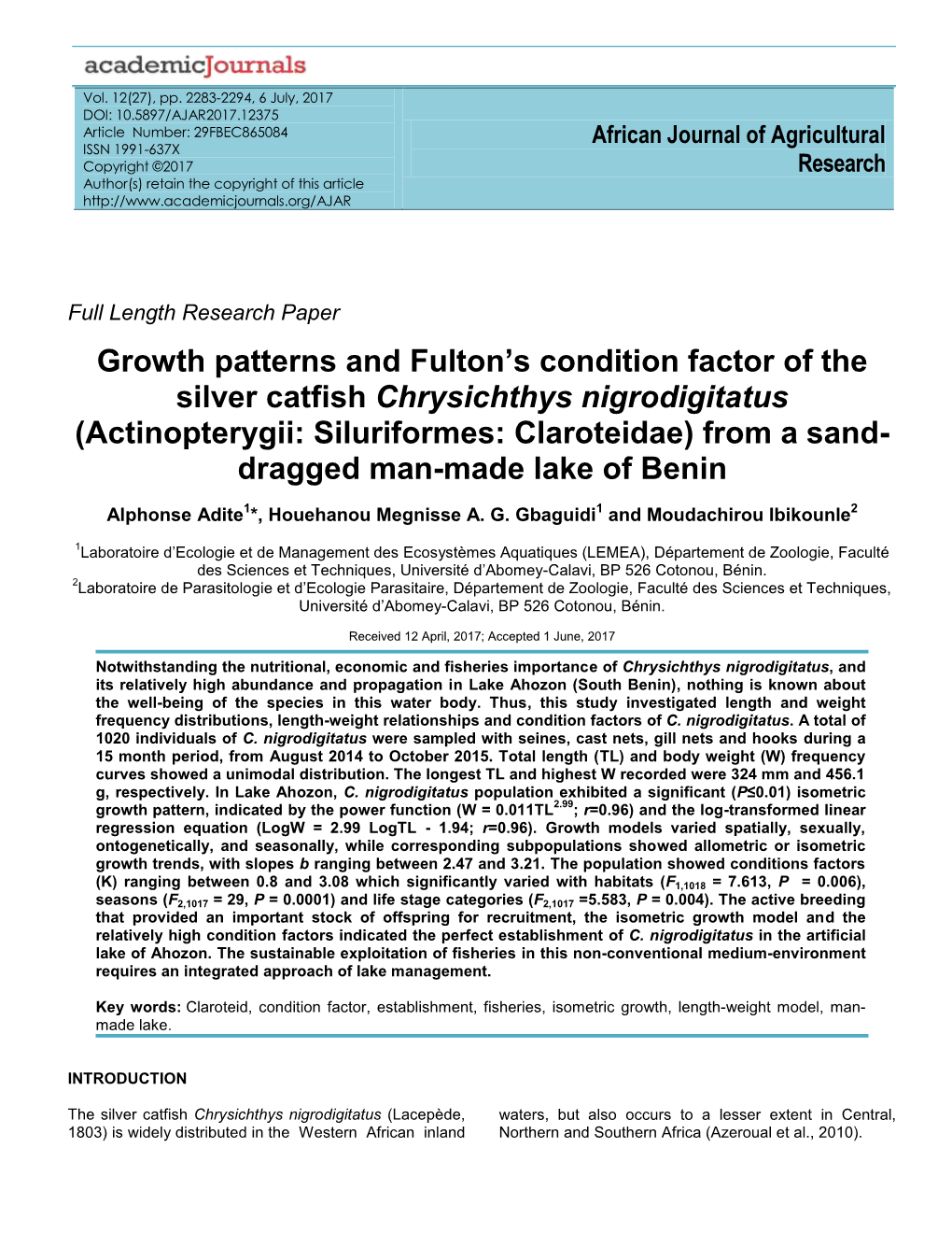 Growth Patterns and Fulton's Condition Factor of the Claroteid Fish