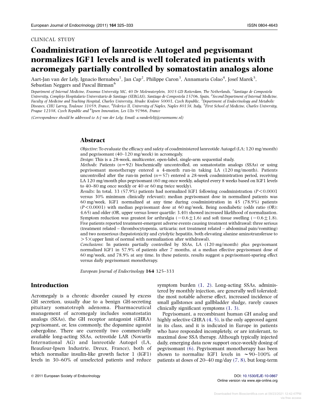 Coadministration of Lanreotide Autogel and Pegvisomant Normalizes IGF1