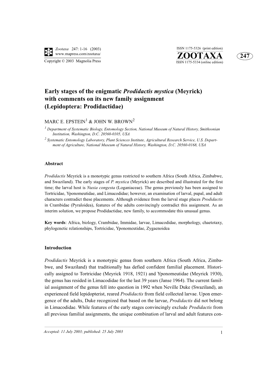 Zootaxa 247: 1-16 (2003) ISSN 1175-5326 (Print Edition) ZOOTAXA 247 Copyright © 2003 Magnolia Press ISSN 1175-5334 (Online Edition)