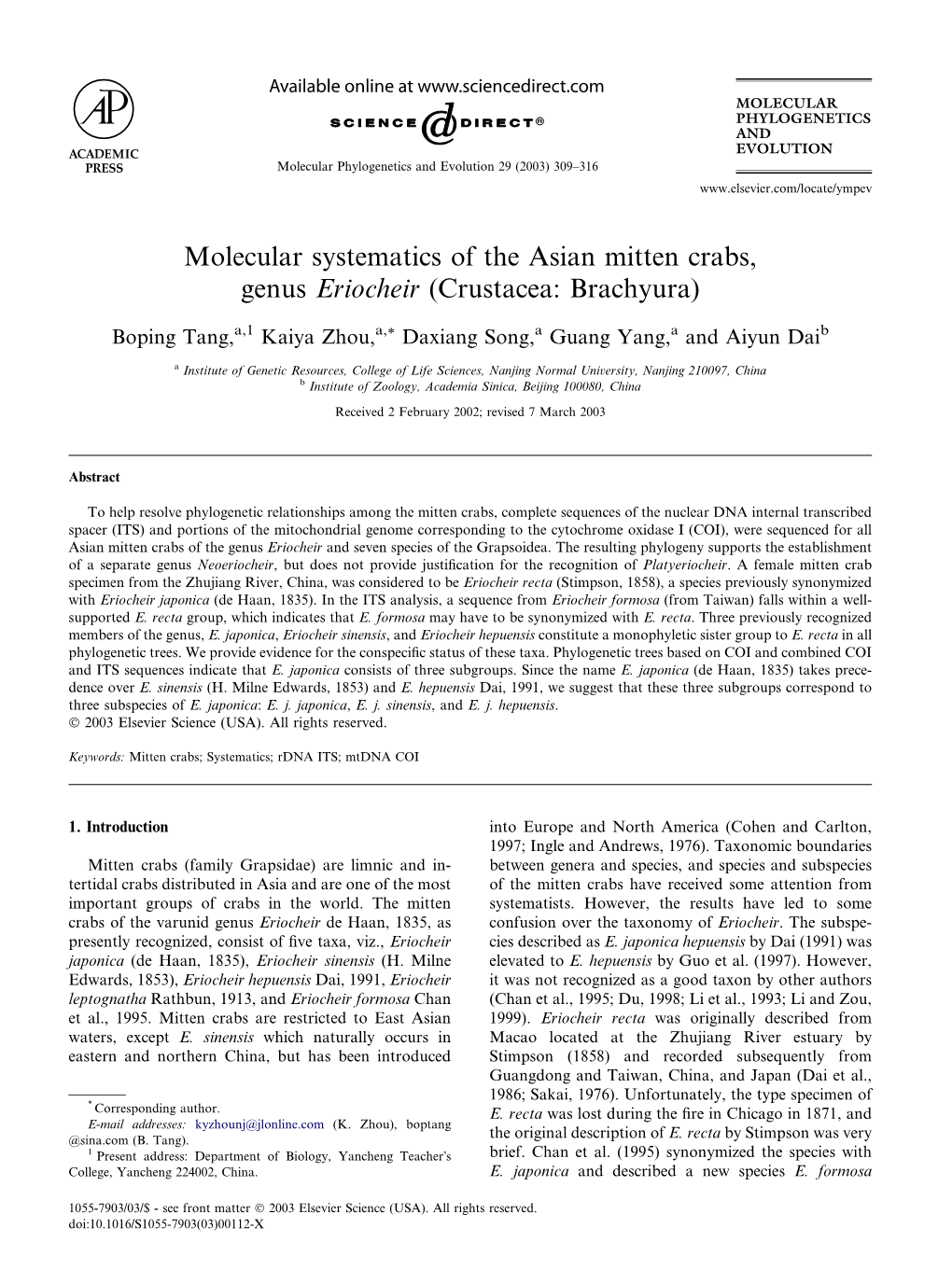 Molecular Systematics of the Asian Mitten Crabs, Genus Eriocheir (Crustacea: Brachyura)