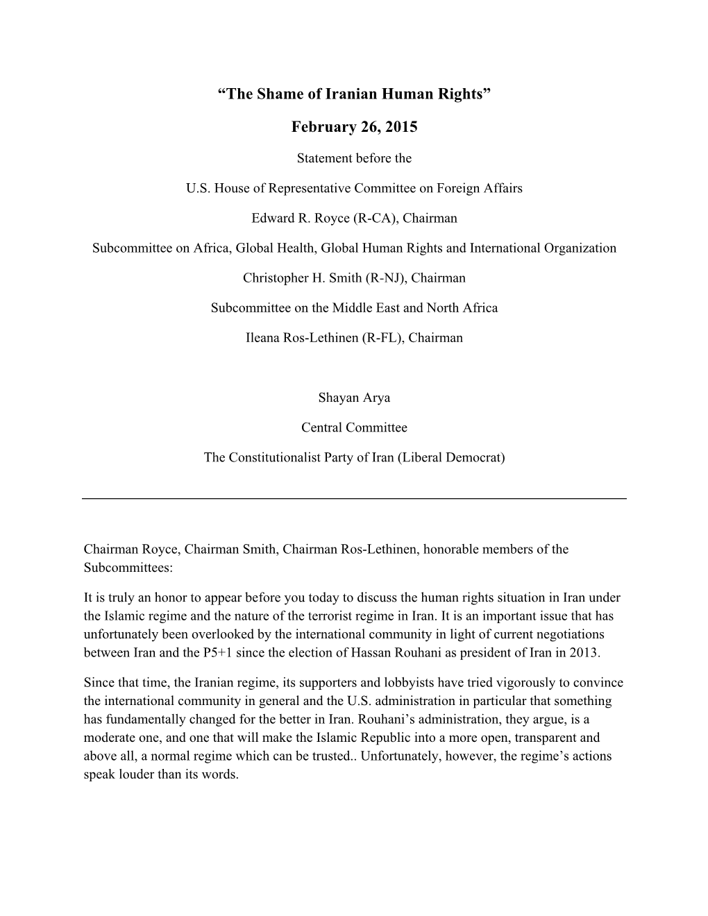 “The Shame of Iranian Human Rights” February 26, 2015