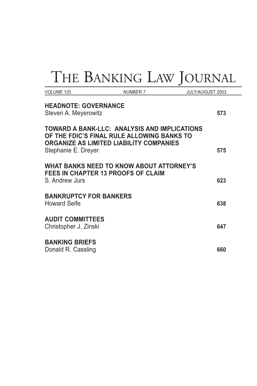 The Banking Law Journal Volume 120 Number 7 July/August 2003