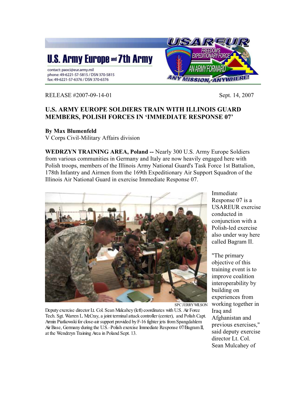 U.S. Army Europe Soldiers Train with Illinois Guard Members, Polish Forces in ‘Immediate Response 07’