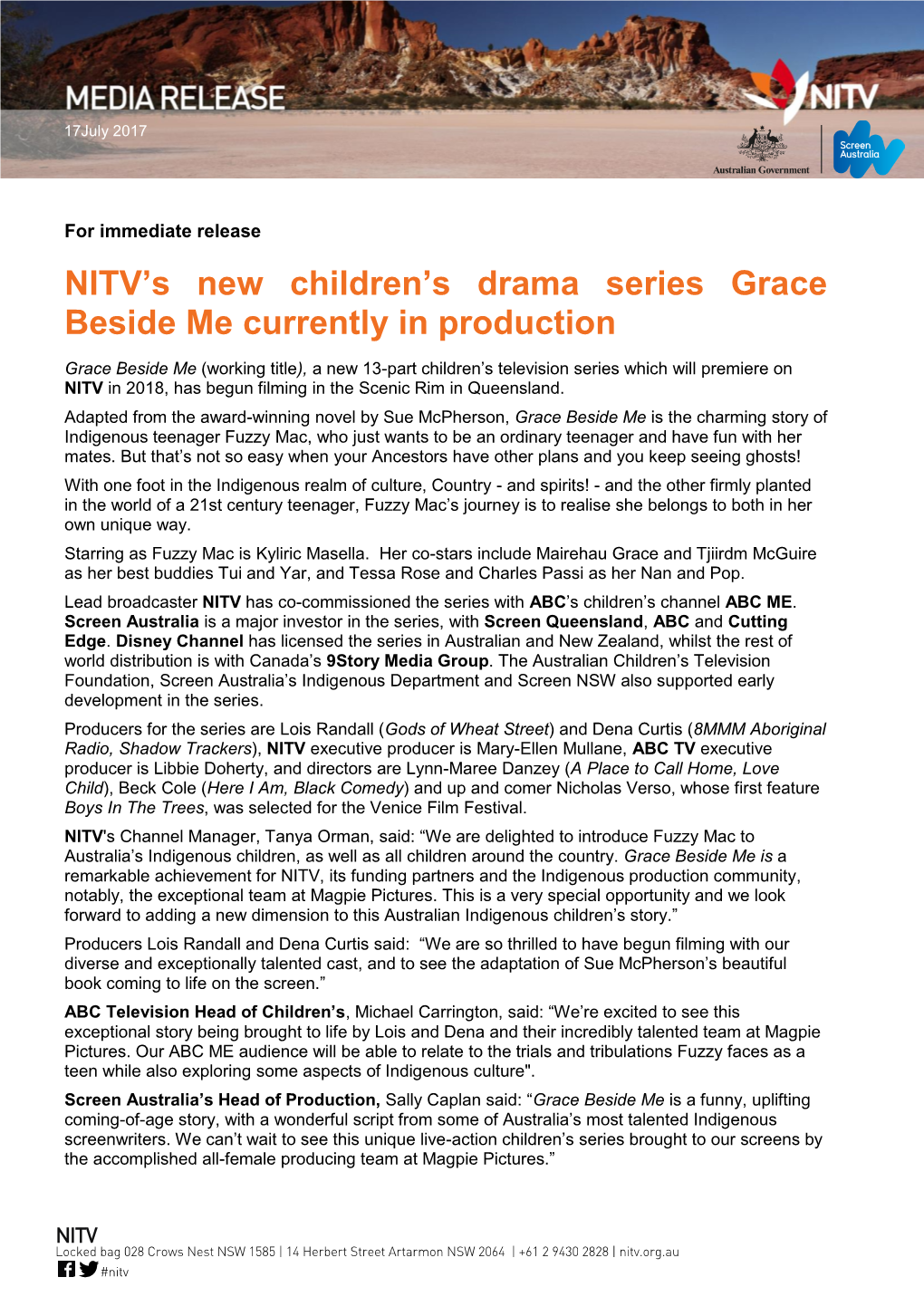 NITV's New Children's Drama Series Grace Beside Me Currently In