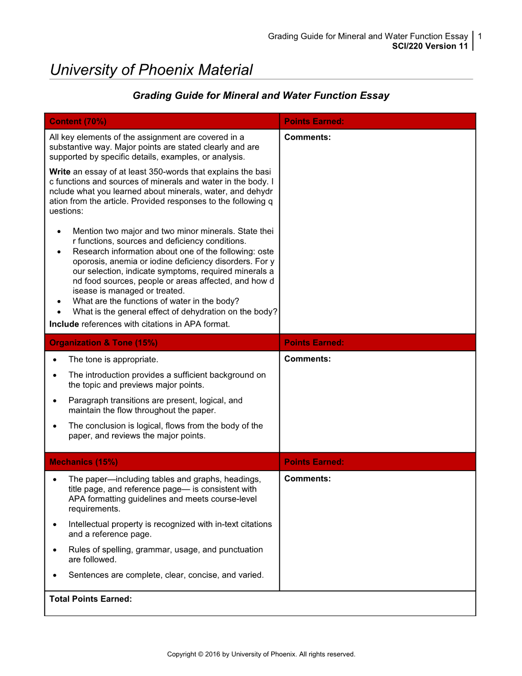 Grading Guide for Mineral and Water Function Essay