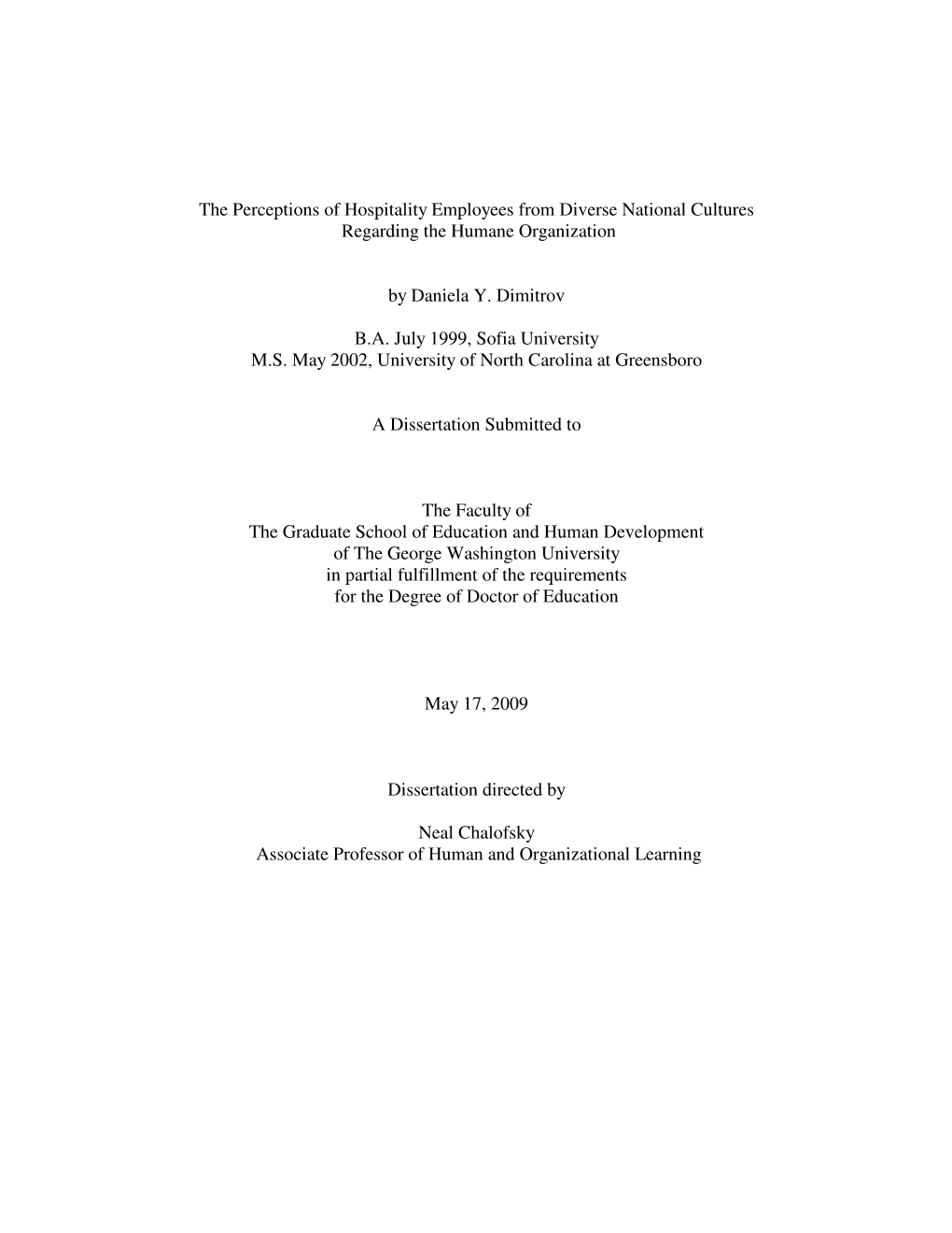 The Perceptions of Hospitality Employees from Diverse National Cultures Regarding the Humane Organization