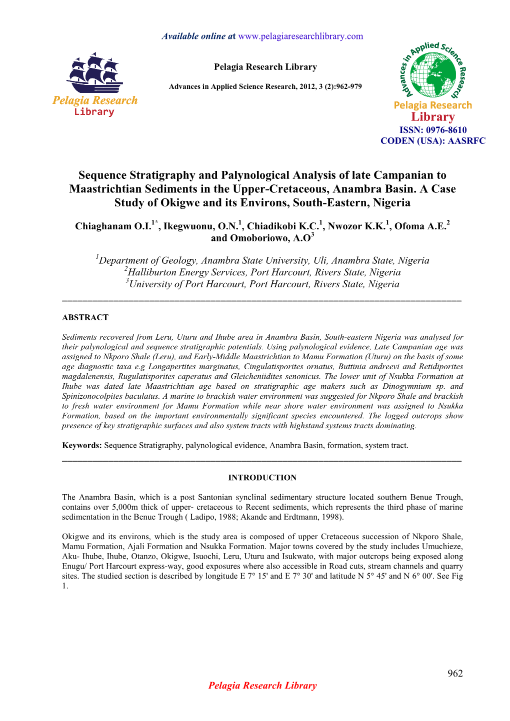 Sequence Stratigraphy and Palynological Analysis of Late Campanian to Maastrichtian Sediments in the Upper-Cretaceous, Anambra Basin