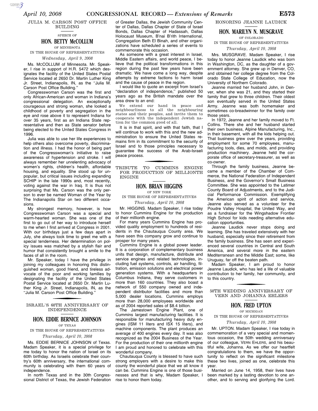 CONGRESSIONAL RECORD— Extensions of Remarks E573 HON. BETTY Mccollum HON. EDDIE BERNICE JOHNSON HON. BRIAN HIGGINS HON. MARILY