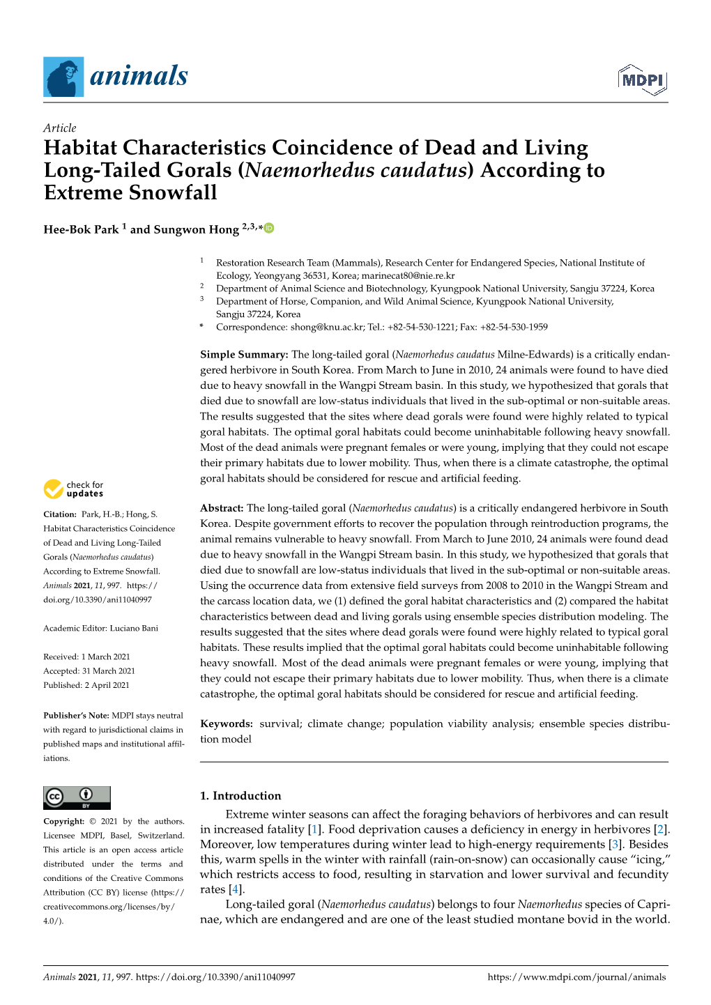 Habitat Characteristics Coincidence of Dead and Living Long-Tailed Gorals (Naemorhedus Caudatus) According to Extreme Snowfall