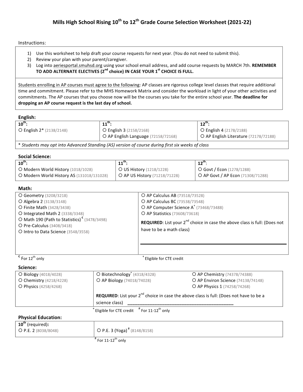 Mills High School Rising 10Th to 12Th Grade Course Selection Worksheet (2021-22)