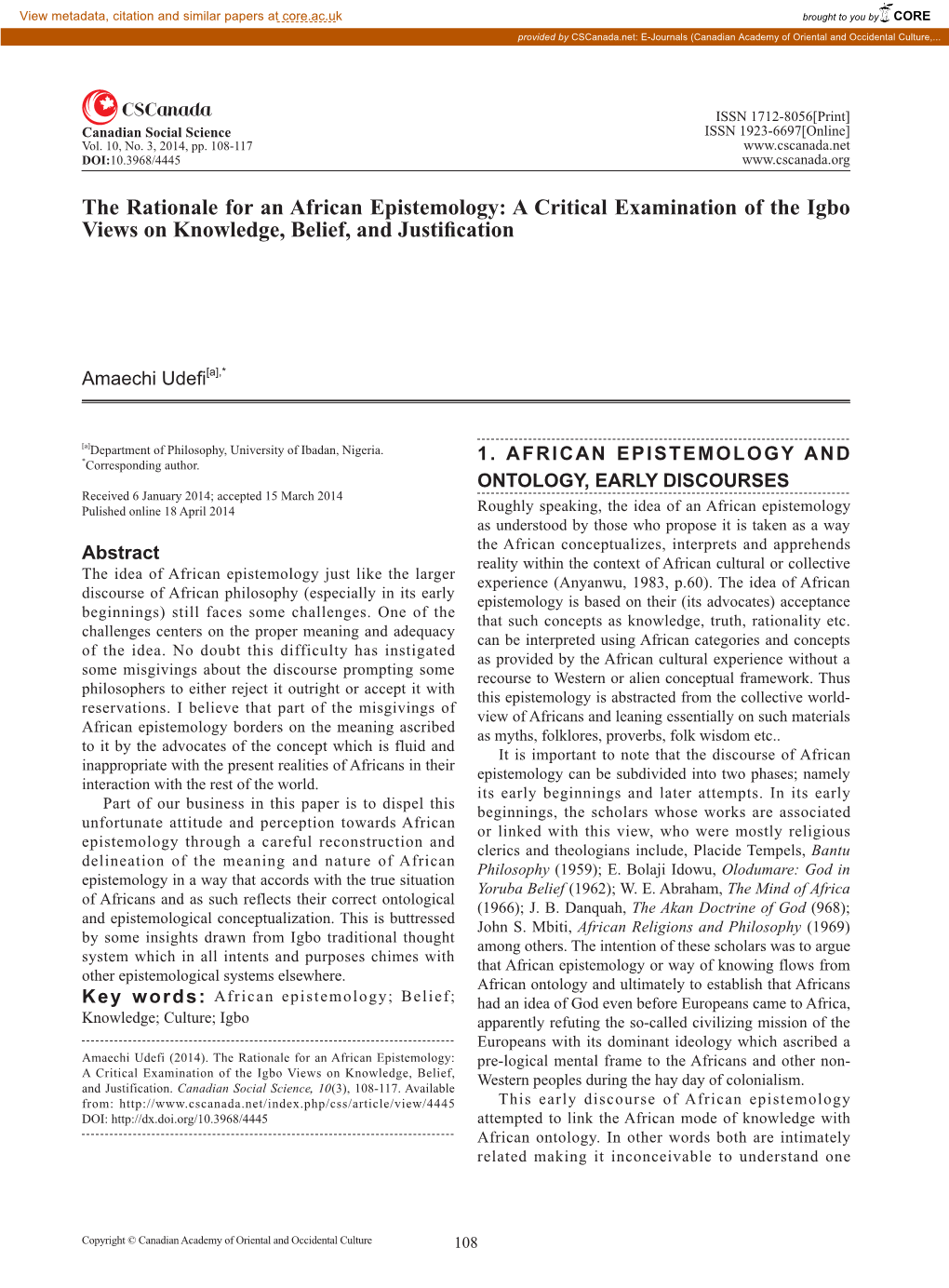 The Rationale for an African Epistemology: a Critical Examination of the Igbo Views on Knowledge, Belief, and Justification