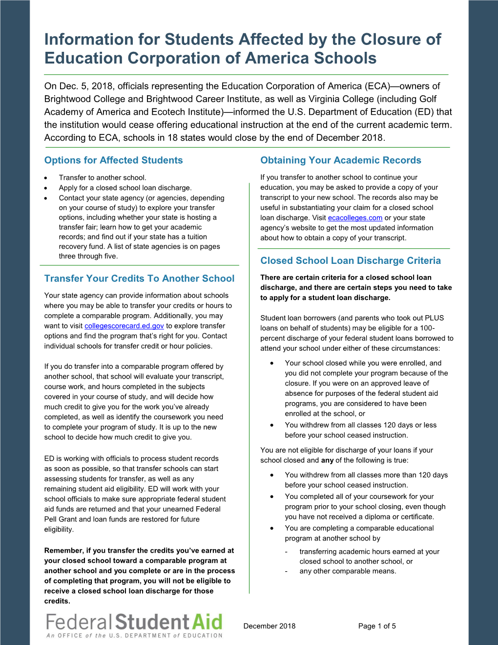 Education Corporation of America Closure Fact Sheet