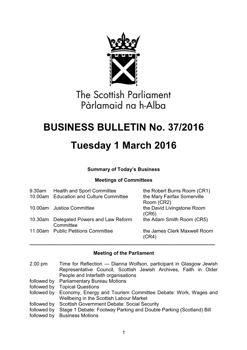 BUSINESS BULLETIN No. 37/2016 Tuesday 1 March 2016