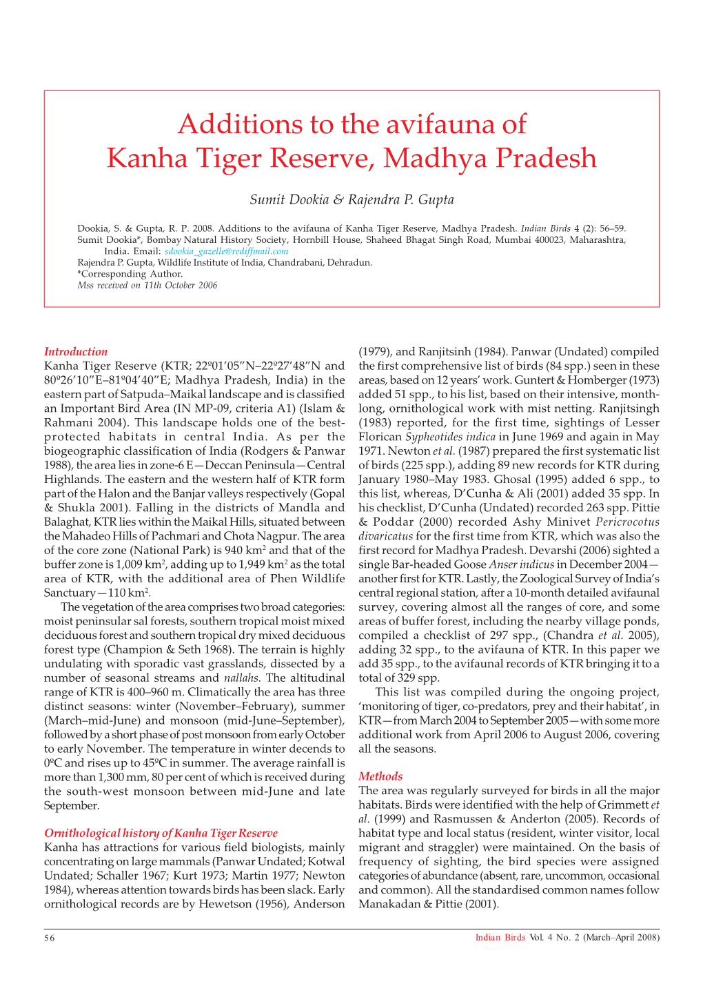 Additions to the Avifauna of Kanha Tiger Reserve, Madhya Pradesh